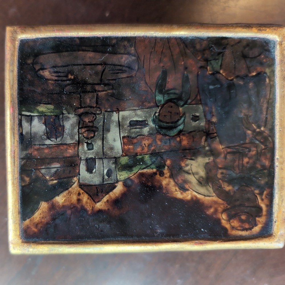 Peruvian Reverse Painted Glass Wood Keepsake Box 4 3/8" X 3 1/2" Vintage